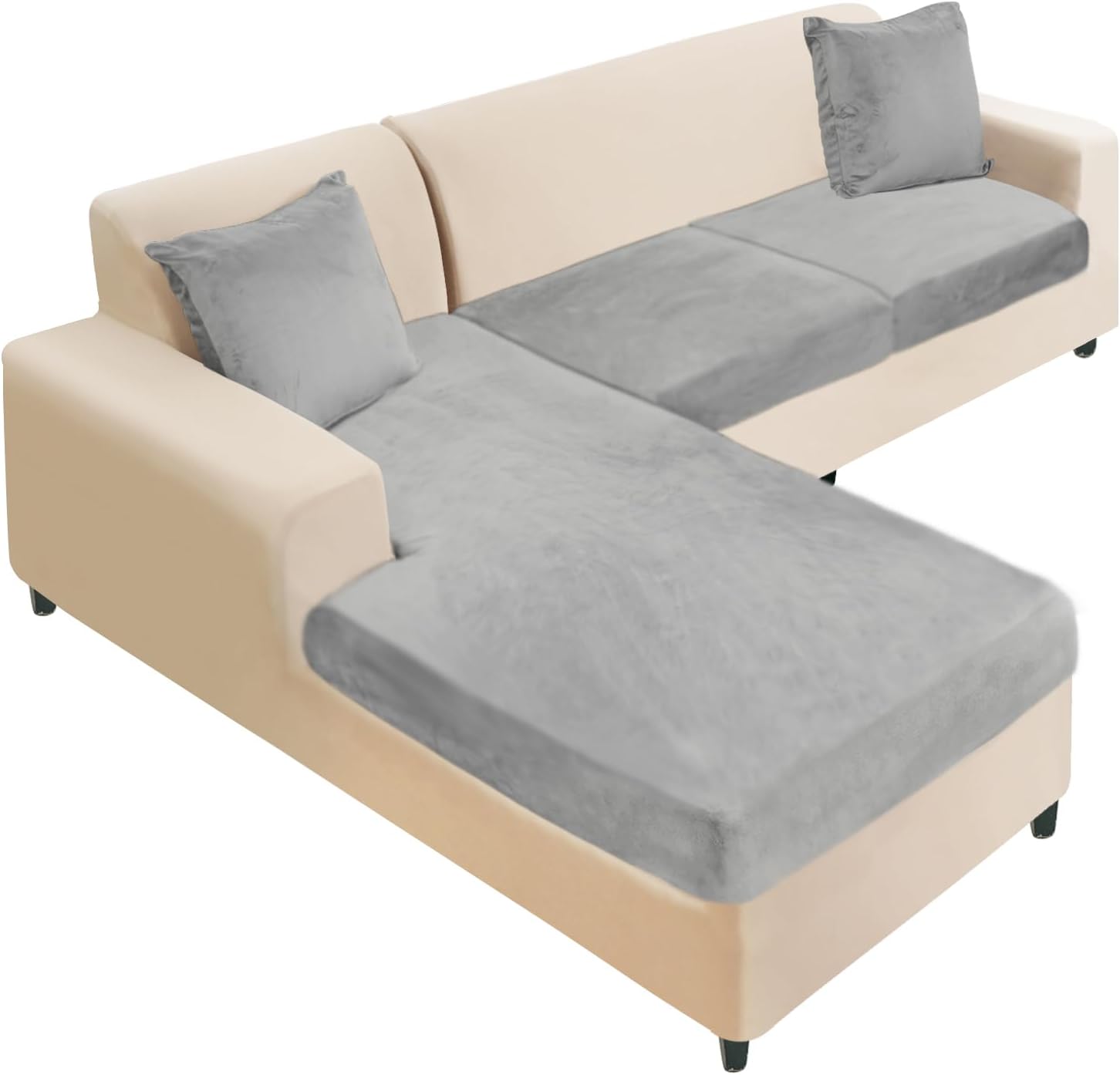 NAISI Sectional Couch Cover 3 Pieces Velvet Separate Couch Cushion Covers L Shape Soft Stretch Sofa Slipcovers with 2pcs Pillowcases for Left/Right Chaise Sectional Couch(2 Seater+1 Chaise,Light Grey)