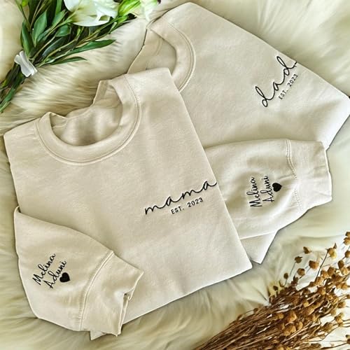 GodLover Custom Embroidered Mama Sweatshirt and Hoodie, Mama Est 2024 Sweatshirt, Custom Embroidered Sweatshirt for Mom, Embroidered Custom Name Mom On Sleeve, Christmas Hoodie, Gifts for Mom2