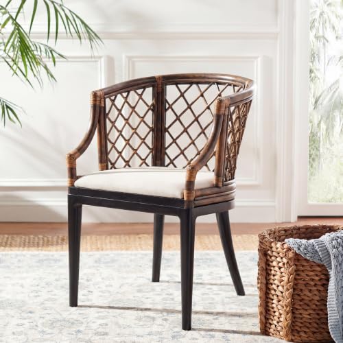 SAFAVIEH Furniture - Carlotta Rattan Arm Chair - Brown & Black - Solid Wood - Coastal Open-Arm Design - Ideal for Living Room Sunroom Bedroom (SEA4013C)