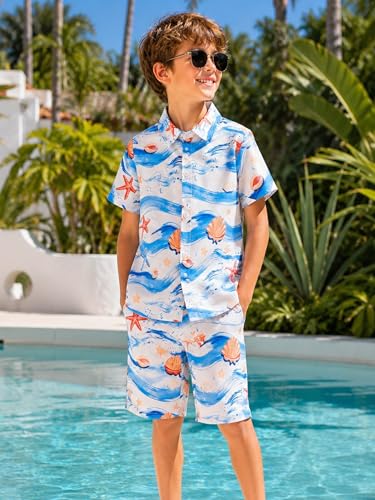 Image of LittleSpring Boys Summer Outfits Button Down Short Sleeve Hawaiian Shirts and Shorts Set