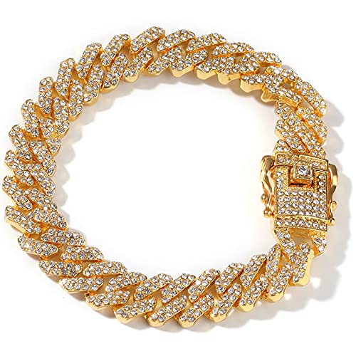 Yomlry Cuban Link Bracelet For Men Women 8/10/12Mm Iced Out Miami Cuban Bracelet Silver Plated Bling Rhinestones Cuban Link Chain Bracelet Hip Hop Cuban Bracelet For Men Women-Gold Rhinestones 7Inch,12Mm #TOP12