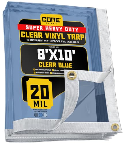 Core Tarps 20 Mil Extreme Heavy Duty Clear Tarp with Grommets - 8x10ft Super Clear Tarps Heavy Duty Waterproof Vinyl Tarpaulin, Transparent Tarp for Outdoor, Camping & Construction, Clear Blue