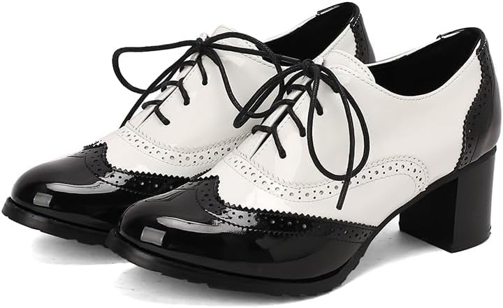 Womens Vintage Oxfords Shoes 1950s Chunky High Heels Lace Up Wingtip Two Tone Perforated Saddle Pumps Shoes - Image 6