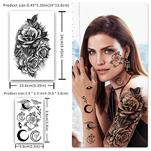 49 Sheets Half Arm Black Flowers Crown Clock Whale Lotus Collection 3D Waterproof Temporary Fake Tattoos Stickers For Women And Girls On Body Shoulder Face Leg Feet #TOP1