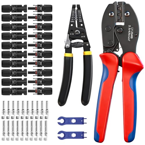 FIISAYL Solar Crimpzange Set für 2.5/4/6mm² Solarpanel PV Kabel,1 Abisolierzange, 10 Paar Kabelstecker, 10 Paar Männlich/Weiblich Stecker, 1 Crimpzange, 2 Schraubenschlüssel