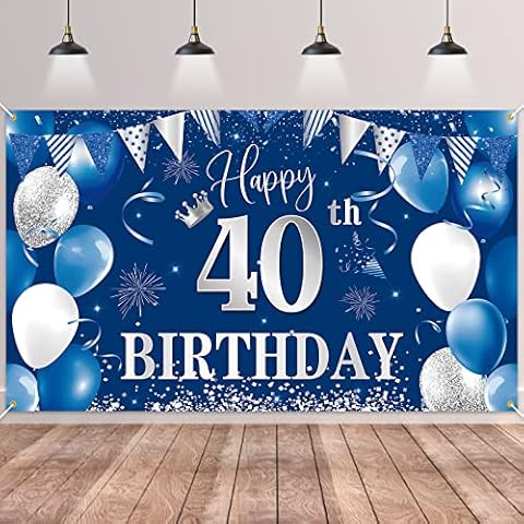 40th Birthday Backdrop Banner,BTZO Happy 40th Birthday Decorations,Blue Silver Fabric Photo Backdrop Background for Men and Women 40th Birthday Party,180×110cm Cover