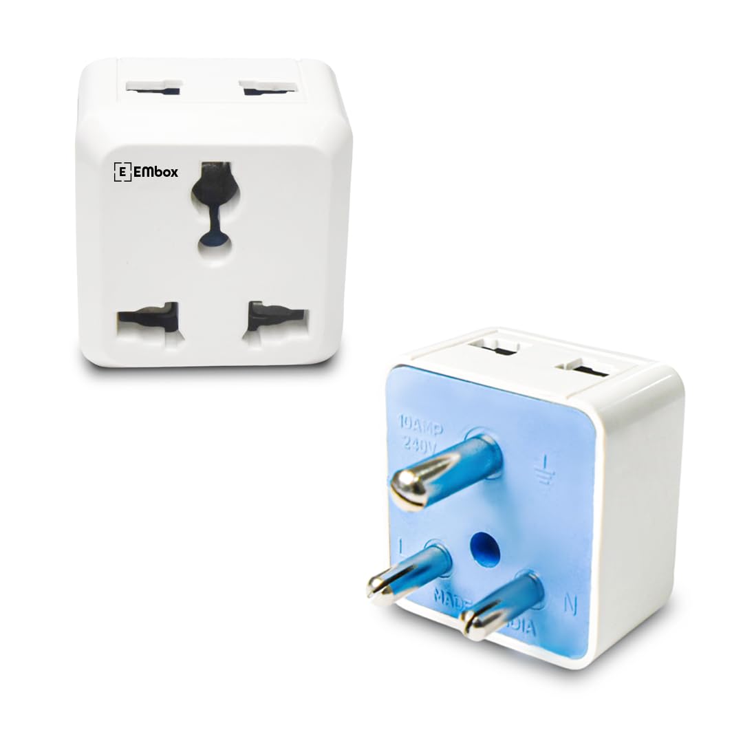 Embox 2 Pin Multi Plug Socket Type D Universal Adapter Compatible with US, UK, China Compact Plug Extension Socket and Converter for Computer Laptop Phone Camera, 6A Pack of 1