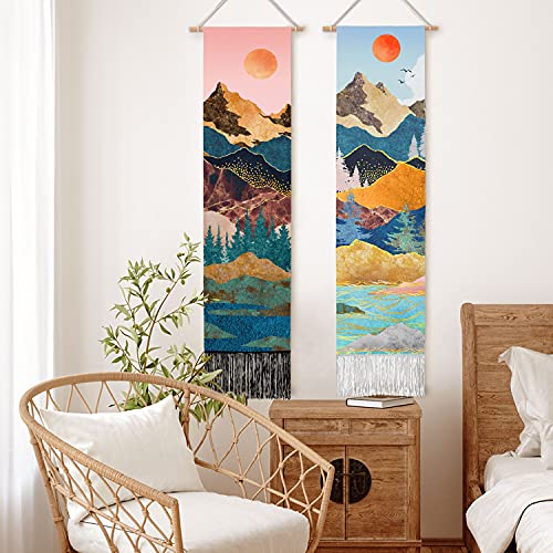 Rosielily Mountain Tapestry Long Tapestry, Nature Tapestry Vertical Tapestry, Blue And Pink Narrow Forest Tree Sunset Landscape Tapestries For Bedroom Wall Decor, 2 Pack, 13" W X 51" H Inches #TOP2