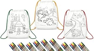 Cardor 15pk Kids Drawstring Colouring Party Bags with 15x Crayon Packs | Non Toxic Color Your Own Backpacks | Each Pack - 5x Dinosaur, 5x Transport & 5x Castle Design Bags | Birthday, Party Favours