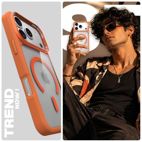Image of Pikkme Back Cover for iPhone 17 Pro | Shockproof | Mag-Safe Compatible | Hard Transparent Back | Premium Raised Camera Protection | Bumper Case (Orange Mag-Safe)