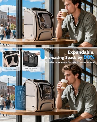 pecute Katzenrucksack Erweiterbar Bubble Haustier Rucksack mit Netzfenster, Tragbare und Faltbare Katzentasche, Atmungsaktive und Leichte Hundetasche für Hunde Katzen Haustiere, Khaki