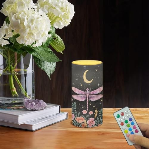 Image of Poceacles Dragonfly Moon Floral Print Flameless Candles Battery Powered with Multicolor Timer Remote Control Everlasting Fake Candles for Party Garden Indoor Outdoor Decor