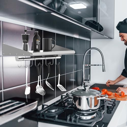 Image of Skyflame 12 inch x 24 inch Stainless Steel Wall Mounted Shelf with 4 Hooks