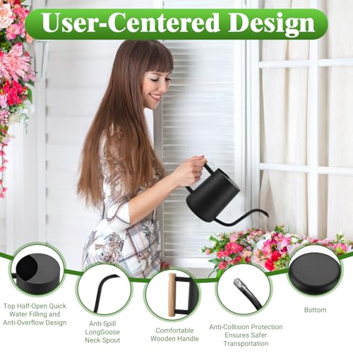 BBWELL Gießkanne1L,Gießkanne Klein,Blumengießkanne mit Langem Ausgießer und Kleine Gartengeräte,Komfortablem Holzgriff,Edelstahl Moderne Gießkanne Zimmerpflanzen für Bewässerung von Blumen,Pflanzen