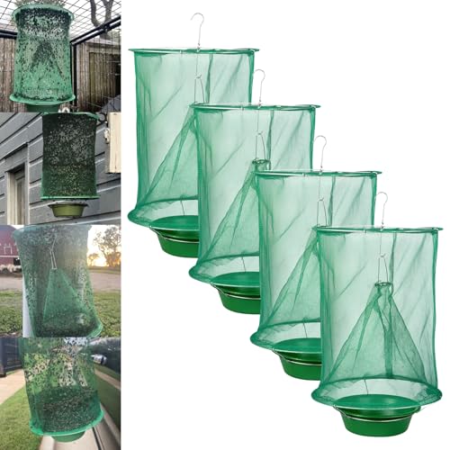 4 Pack Ranch Fly Traps Outdoor Hanging Reusable Stable Fly Hunter Catcher Cage with Food Bait Tray Flies Control Killer Repellent for Barn Orchard Farm Horse Patio