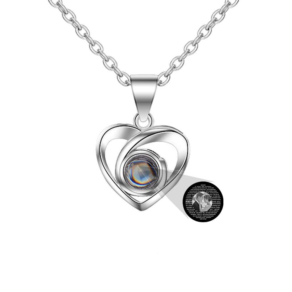 Customized Photo Projection Necklace Present with 100 Languages Confession of Love Stone Pendant Necklace (Silver Black and White 14)