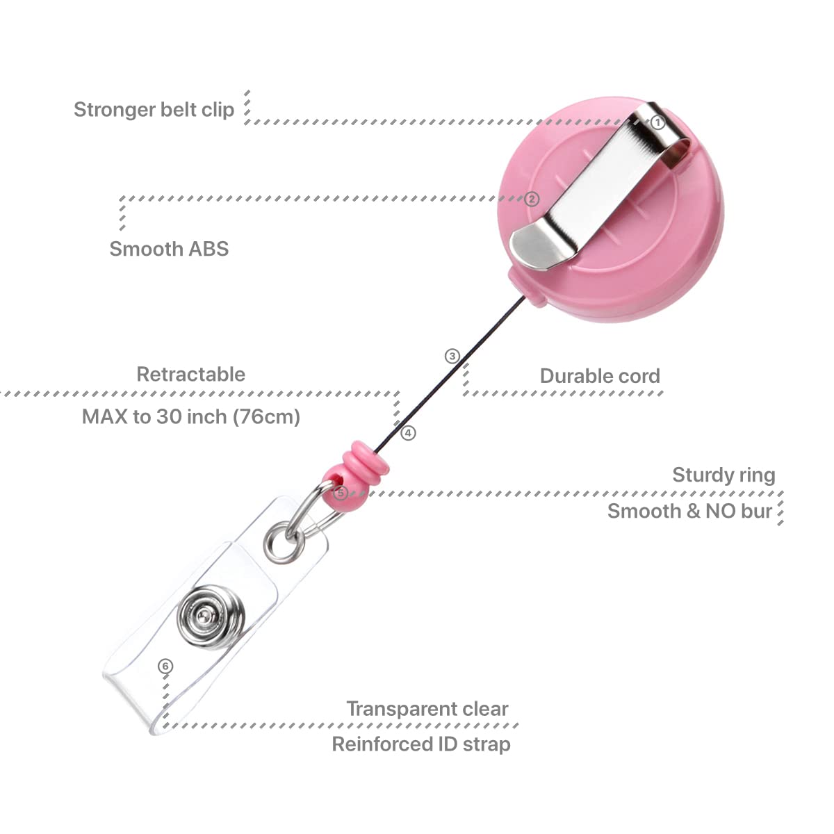 QREEL Carrete de insignia con clip para cinturón, clip retráctil para insignia, clip para tarjeta de identificación con cable retráctil de 29 pulgadas (rosa, paquete de 2)