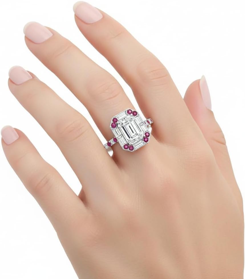 Choose Your Gemstone Art Deco Emerald Cut Halo Ring Sterling Silver Emerald Shape Halo Engagement Rings Everyday Jewelry Wedding Jewelry Handmade Gifts for Wife US Size 4 to 12
