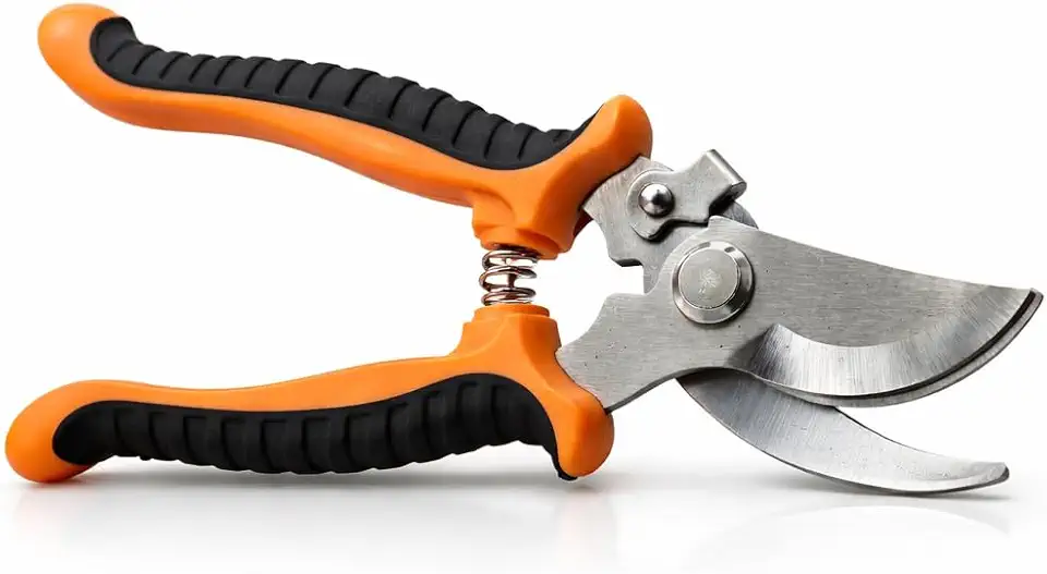 Tesoura de Poda Profissional Super Afiada Aço 3CR13 com Trava Segurança e Cabo Emborrachado Laranja