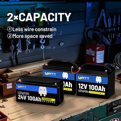 Image of WattCycle 24V 100Ah LiFePO4 Lithium Rechargeable Battery, Max.2560Wh, Built-in 100A BMS, A+ Cells, Low-Temperature Protection, Higher Power Output Efficiency - Ideal for RVs, Other 24V Equipment