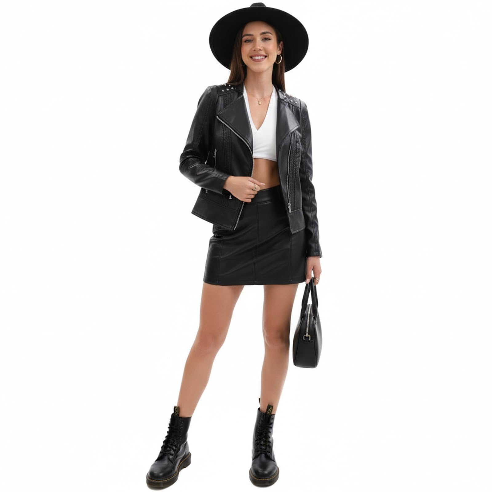 Chaqueta de Cuero Mujer Remaches Moto Corta Cazadora Cremallera chaqueta entretiempo