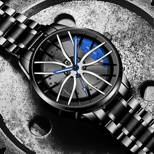 Image of GOLDENIZE FASHION Branded Men's Sport Quartz Watch Car Wheel Dial Rotating Casual Fashion Stainless Steel Alloy Men Multicolour Luxury Watches Wheel Dial Men's Metal Watch Gift Creative Watch