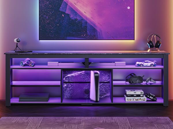 Bestier Tall LED TV Stand for 70/75/80 inch TV, Modern Black Marble Entertainment Center with Storage for PS5, Gaming Console for Living Room & Bedroom