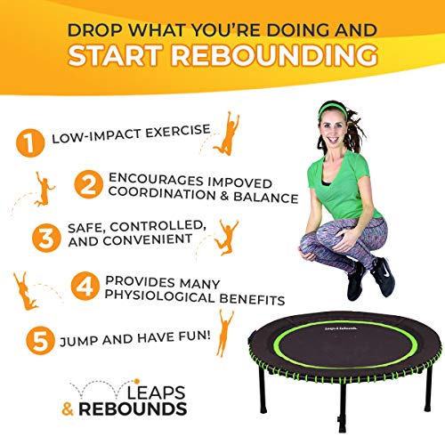 LEAPS & REBOUNDS: Rebounder - Fitness Trampoline - Full-Size Protective Mat - Minimal Joint Impact - High-Calorie Burn - Improve Cardio, Balance, and Physical Strength