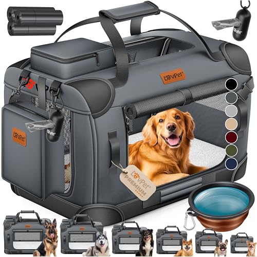 LOVPET® Transportbox Hund Katze Transporttasche M 60x42x44cm | Hunde-Tragetasche Faltbare Katzentasche | Haustier-Transportbox inkl. Hundenapf & Schultergurt | für Katzen & Hunde Anthrazit