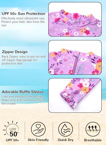 Image of Alakuoti Long Sleeve One Piece Ruffle Swimsuit for Toddler Girls Baby Girl Rashguard Shirt with UPF 50+ Sun Protection