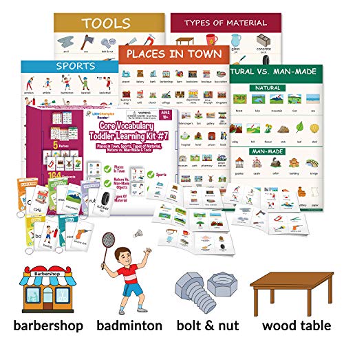 Little Champion Reader Teach Core Vocabulary Toddler Learning Kit 7 : Places in Town, Nature vs. Man-Made Objects, Types of Material, Sports & Tools