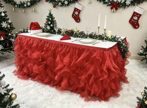 Image of Luxury Organza Mesh Table Skirt Draping Floating Romance - Perfect for Bridal Showers, Birthday Weddings - Clear Flowing Decoration for a Wonderful Main Cake Table (Red-6ft, 72 inch Lx30 H)