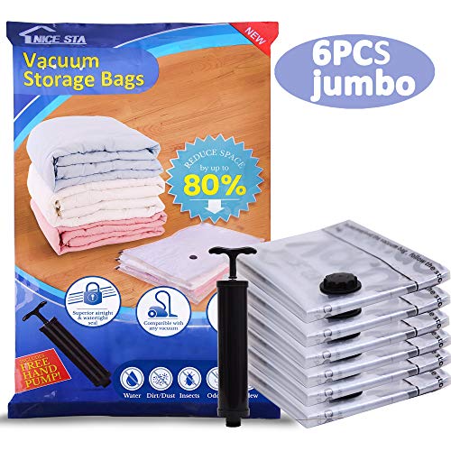 NICE STA Premium 6 Jumbo 80 Space Saver Vacuum Storage Bags 40x30 Compression Bags for Clothes Quilts Pillows and Reusable Hand Pump Included for Traveling