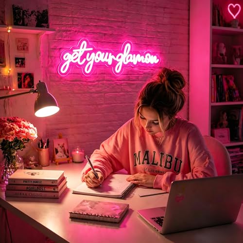 Image of Get Your Glam On Neon Sign, Neon Signs for Wall Decor Neon Pink LED Signs Room Neon Light Up Signs Home Decor for Bedroom Club Party Bar Shop USB Operated