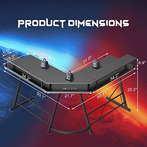 Hytxen Gaming Desk With Led Lights, L Shaped Corner Computer Desk With Power Strip, Carbon Fiber Surface Gaming Table With Monitor Stand＆Cup Holder, Headphone Hook, Graphite Black #TOP6