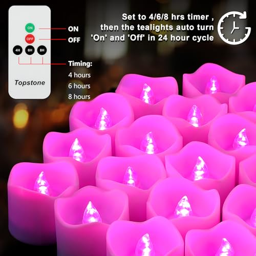 Image of Topstone Remote Control Flameless LED Votive Candles with Timer, CR2450 Battery Powered, Electric Tea Lights for Seasonal and Festival Decoration, Pink Light, 12 pcs