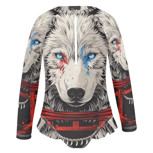Wolf Torii Gate Red Flames Girls Long Sleeve Swimsuit UPF 50+ Rashguard Swimwear One Piece Bathing Suit 212201414