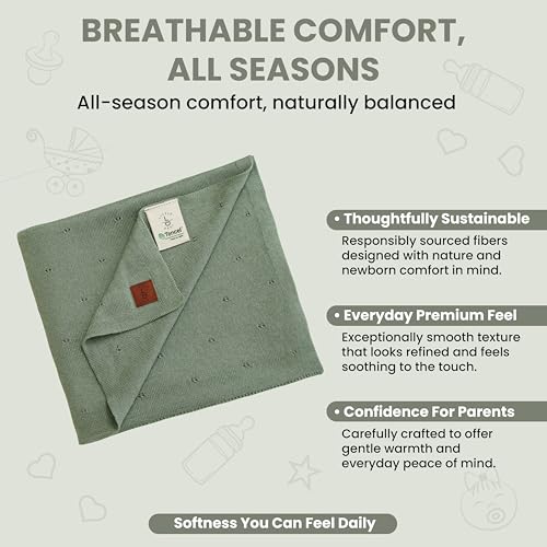 Image of Pointelle Double Layer 100% Tencel Baby Blanket - Breathable Temperature Regulating - Oeko-TEX Certified - 30x40 inch - Gift Box with Ribbon (Green)