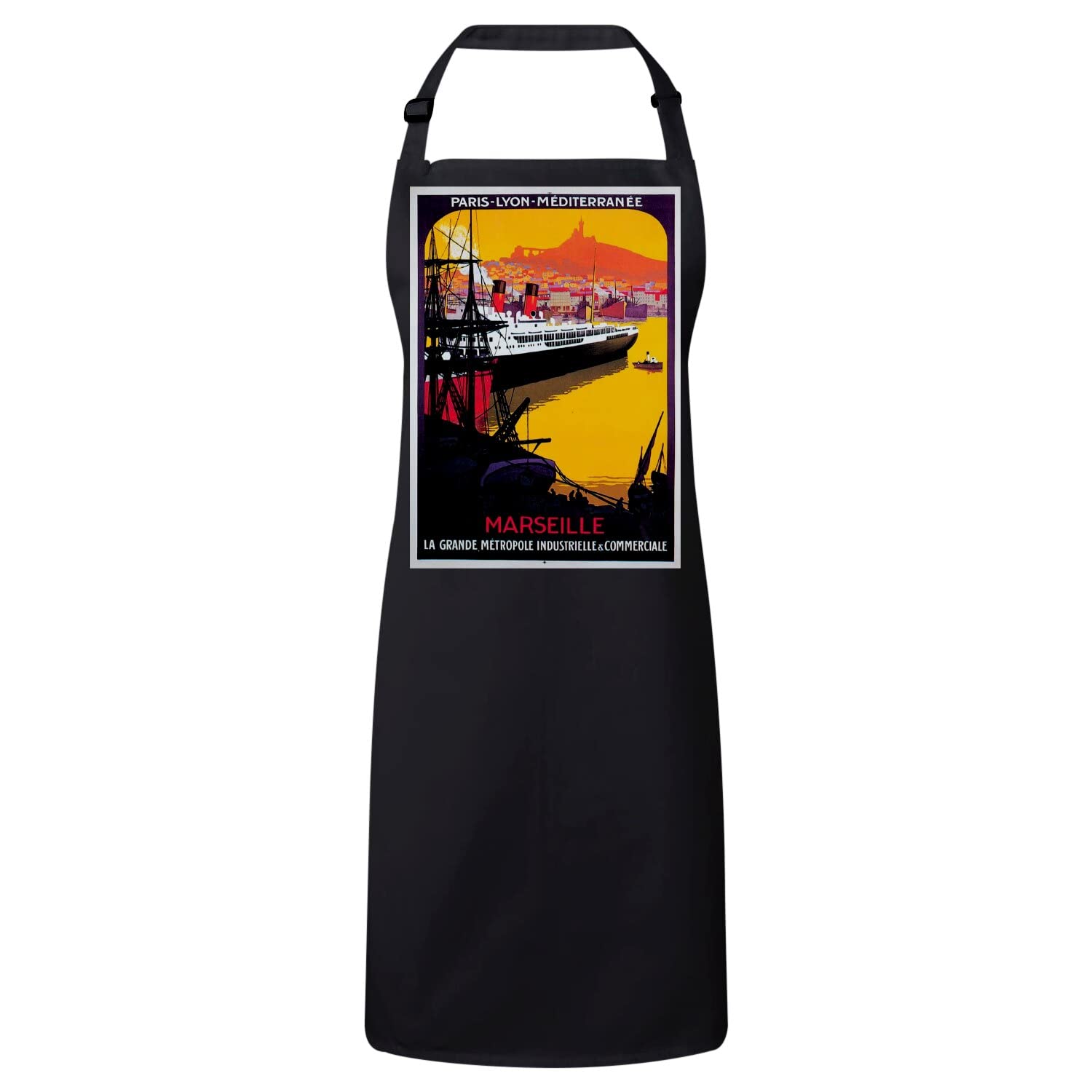 Tablier de cuisine premium noir au design affiche vintage Marseille rétro