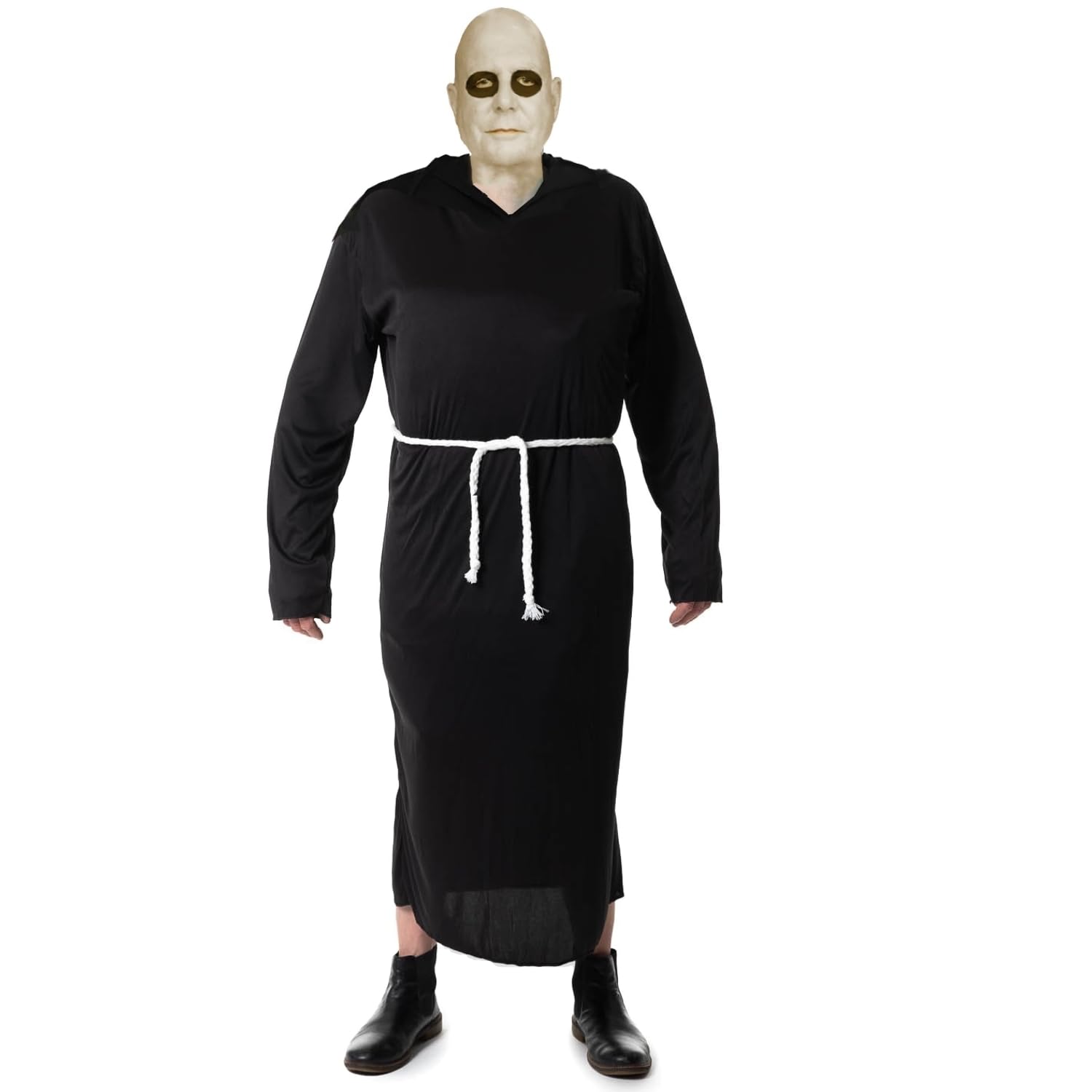 SoWest Adult Gothic Uncle Halloween Costume – Hooded Black Robe with White Rope Belt, Bald Cap & Face Paint | Medieval Friar Priest Fancy Dress Outfit for Men, Cosplay & Stag Nights - XXL