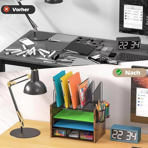 Whemyreat 4 Tier Mesh Desk Organiser Made of Wood and Metal, Black Paper Organiser - Image 2