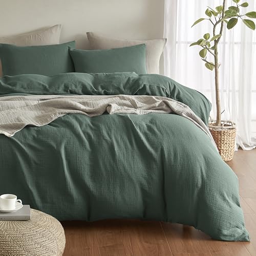 SE SOFTEXLY Muslin Duvet Cover King Size, 100% Washed Cotton Duvet Cover Set, Ultra Soft Comforter Cover Linen Like, 3 Pieces Minimalist Gauze Duvet Cover with 2 Pillowcases, 90"x104", Forest Green