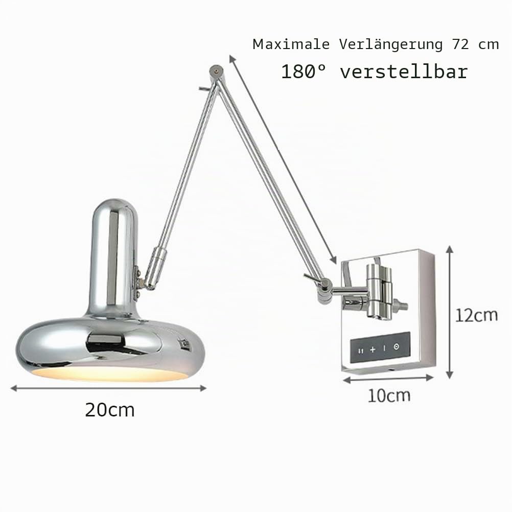 AoLa Chrom Wandleuchte Innen Schwenkarm Wandlampe mit Schalter Touch Dimmbar Langer Arm Leselampe Verstellbar Vintage Industrial Nachttischlampe Ausziehbar E27 Retro Wandbeleuchtung,Chrome