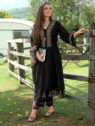 Image of INDO ERA Women's A-Line Silk Blend Floral Embroidered Kurta & Pant with Dupatta Set (IEOUT10970)