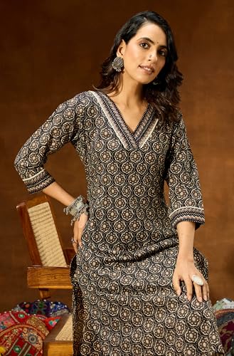 Image of Janasya Women's Black Pure Cotton Ethnic Motifs Printed Straight Kurta Pant Set