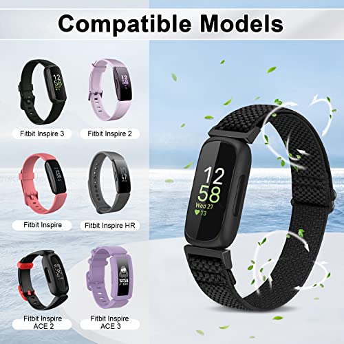 Vodtian 4 Pack Bands Compatible with Fitbit Inspire 3/Inspire 2/Inspire/Inspire HR/Ace 3/Ace 2 Band, Elastic Adjustable Nylon Loop Straps Replacement Sport Stretchy Wristband for Women Men Kids