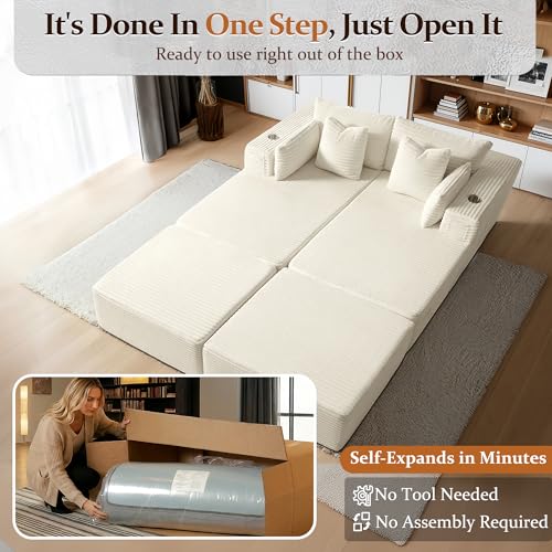 Image of 72 inch Cloud Sectional Couch, Comfort Sleep Sofa for Living Room, Extra Deep Seats No Assembly, Minimalist Modular Couch, Corduroy (Cream, Extend Loveseat Chaise)