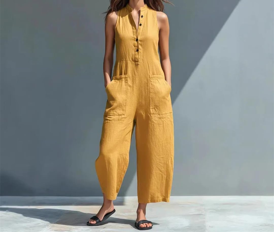 Yeuyyben Mono de una pieza sin mangas con cuello alto y pierna ancha para mujer, cintura alta, bolsillo, oficina, casual, elegante