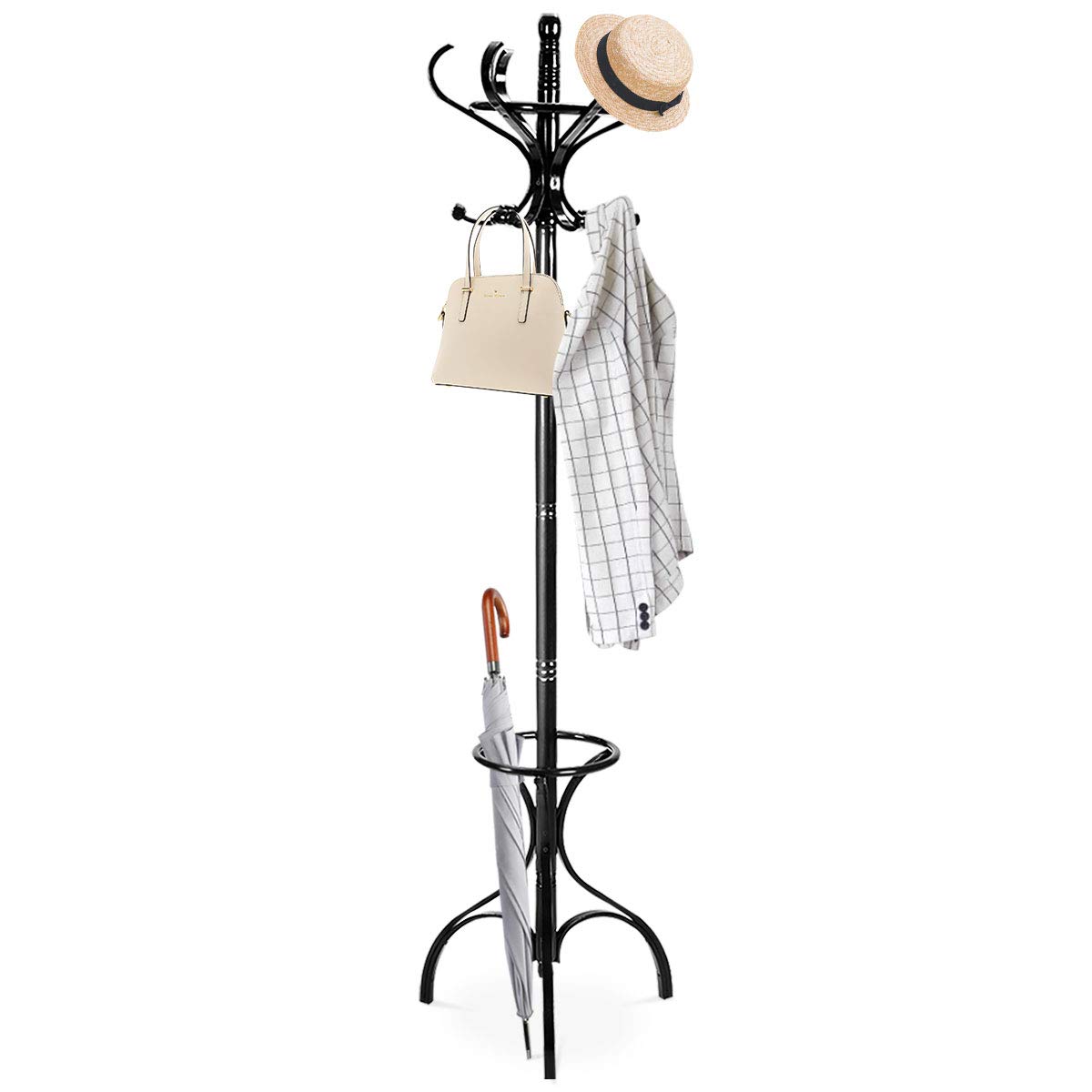 GIANTEX Garderobenständer, 182 cm Kleiderständer mit 12 drehbaren Haken & Schirmständer, Jackenständer aus Maasivholz für Mäntel, Hüte & Taschen, für Flur & Schlafzimmer (schwarz)