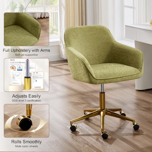 Image of Zesthouse Vanity Chair with Wheels for Girl Women, Swivel Office Desk Chair | Green Chenille Rolling Office Chair with Arms & Gold Base, Upholstered Fabric Desk Chair for Bedroom, Height Adjustable Chair